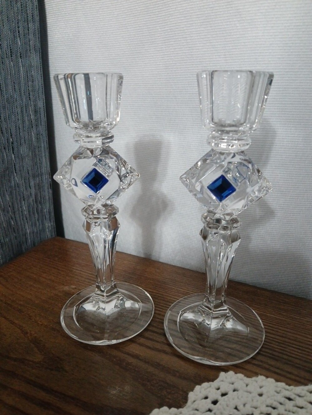 Partylite Jeweled Quad Prism Crystal Sapphire Candlesticks Set